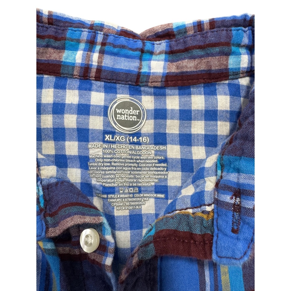 Wonder Nation Flannel Plaid Button Up Shirt Boys XL Windsor Wine Blue Cotton - Picture 2 of 5